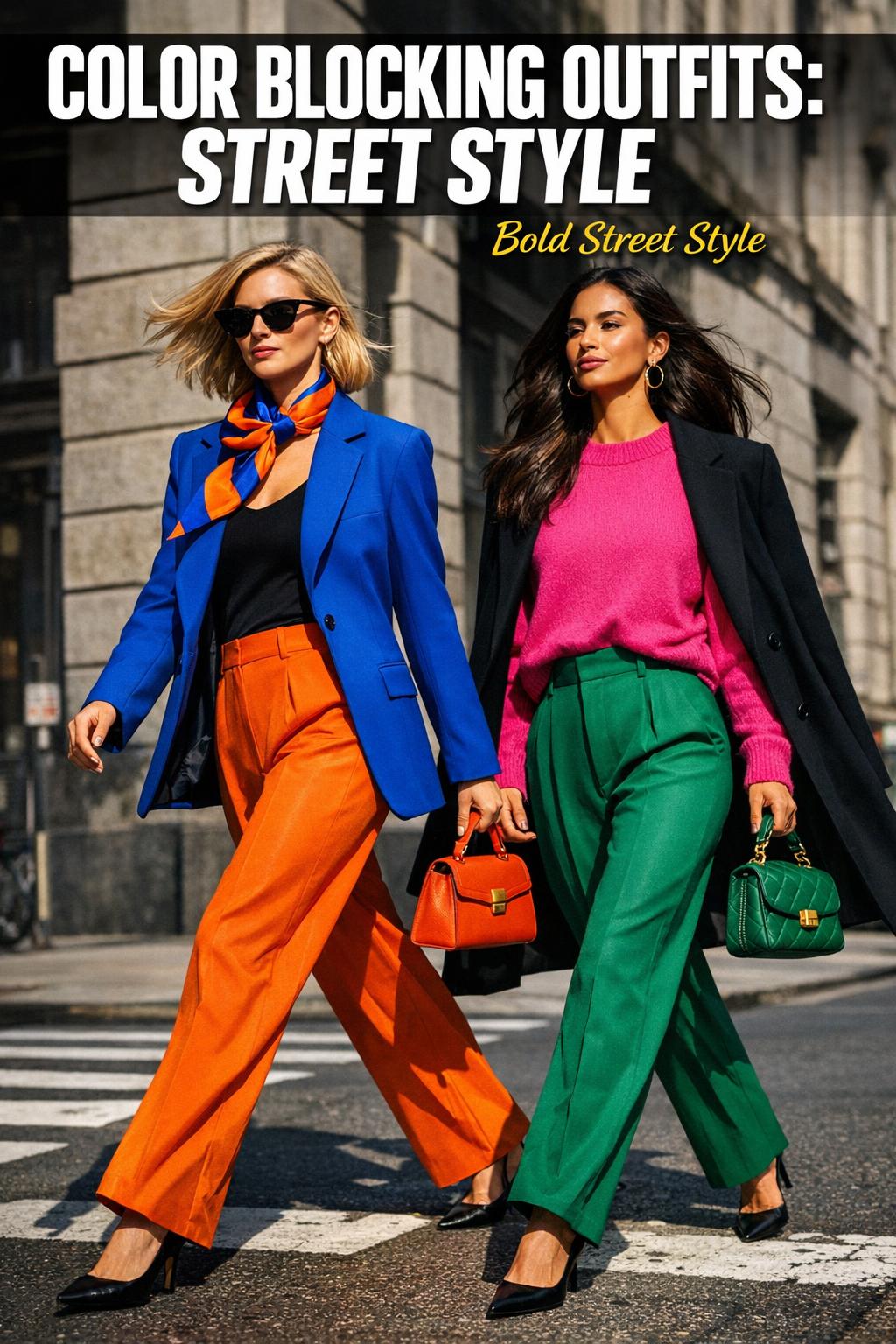 Color blocking outfits street style with a confident model walking downtown in bold contrasting colors
