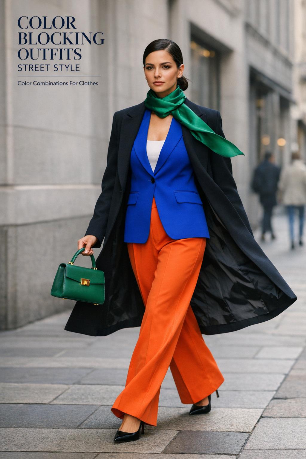 Color blocking outfits street style model in cobalt blazer and tangerine trousers walking on a city sidewalk during fashion week