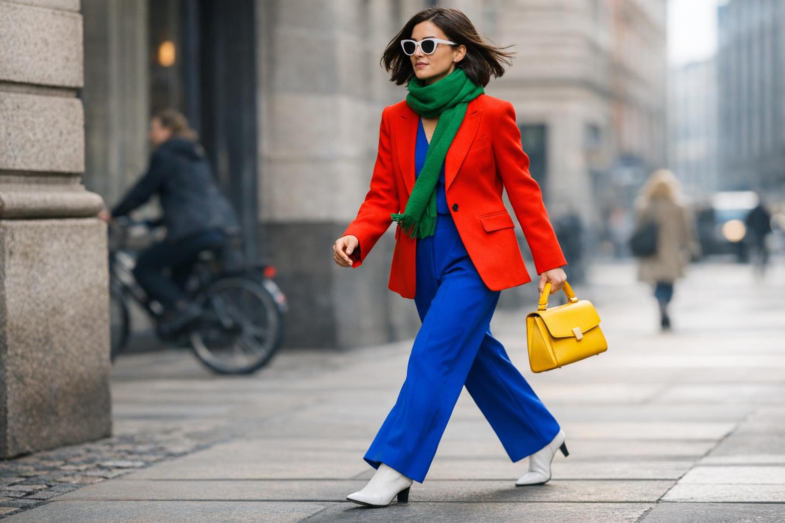 Color blocking outfits street style with bold red and cobalt separates on a city sidewalk, photographed in motion