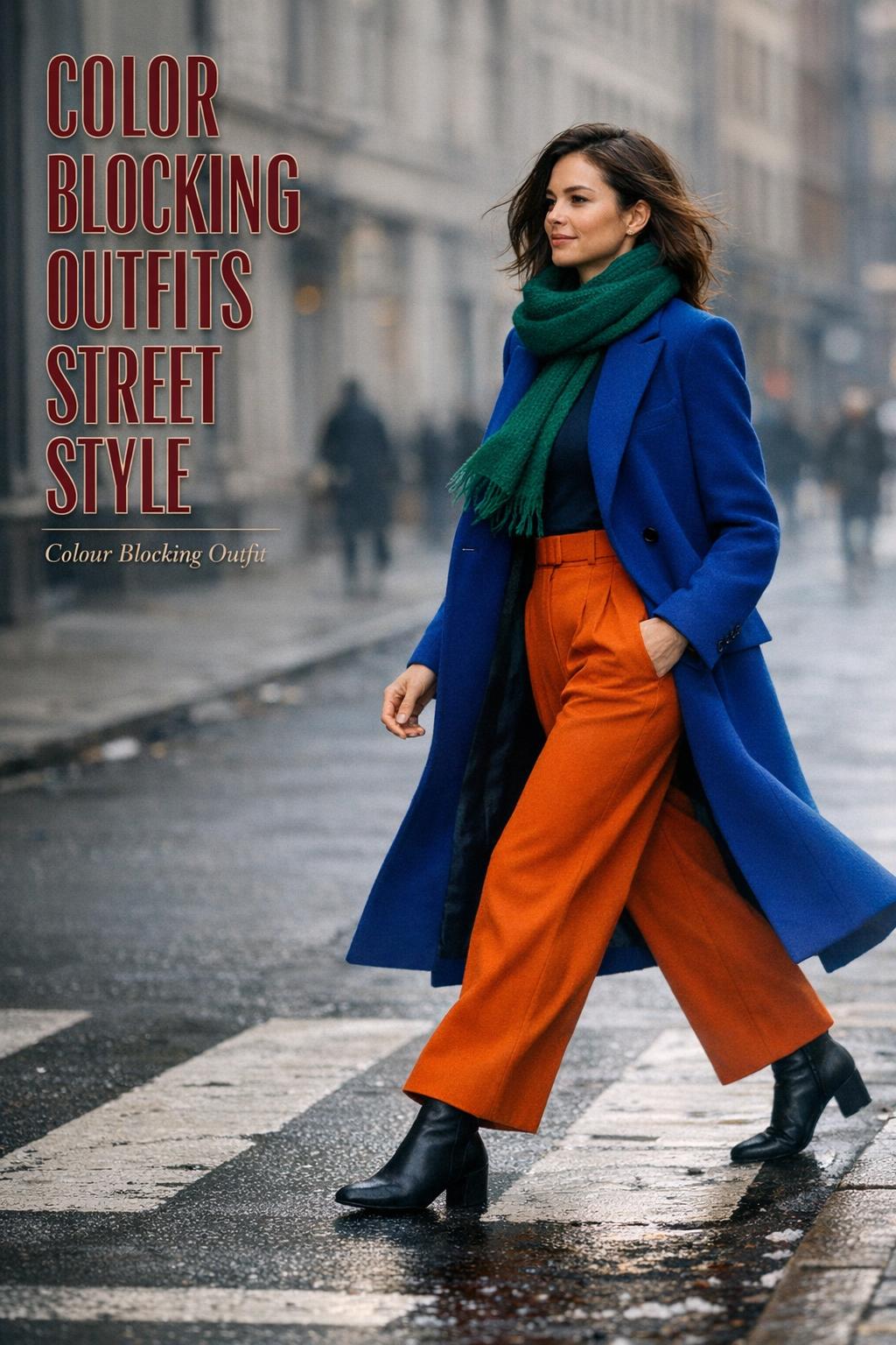 Color blocking outfits street style photo of a woman in cobalt coat and tangerine trousers crossing a winter city sidewalk