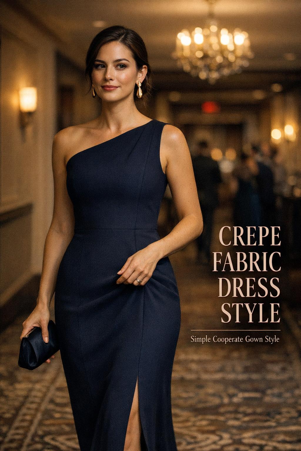 Crepe fabric dress style in an upscale hotel corridor, confident woman in an espresso crepe column gown with clutch
