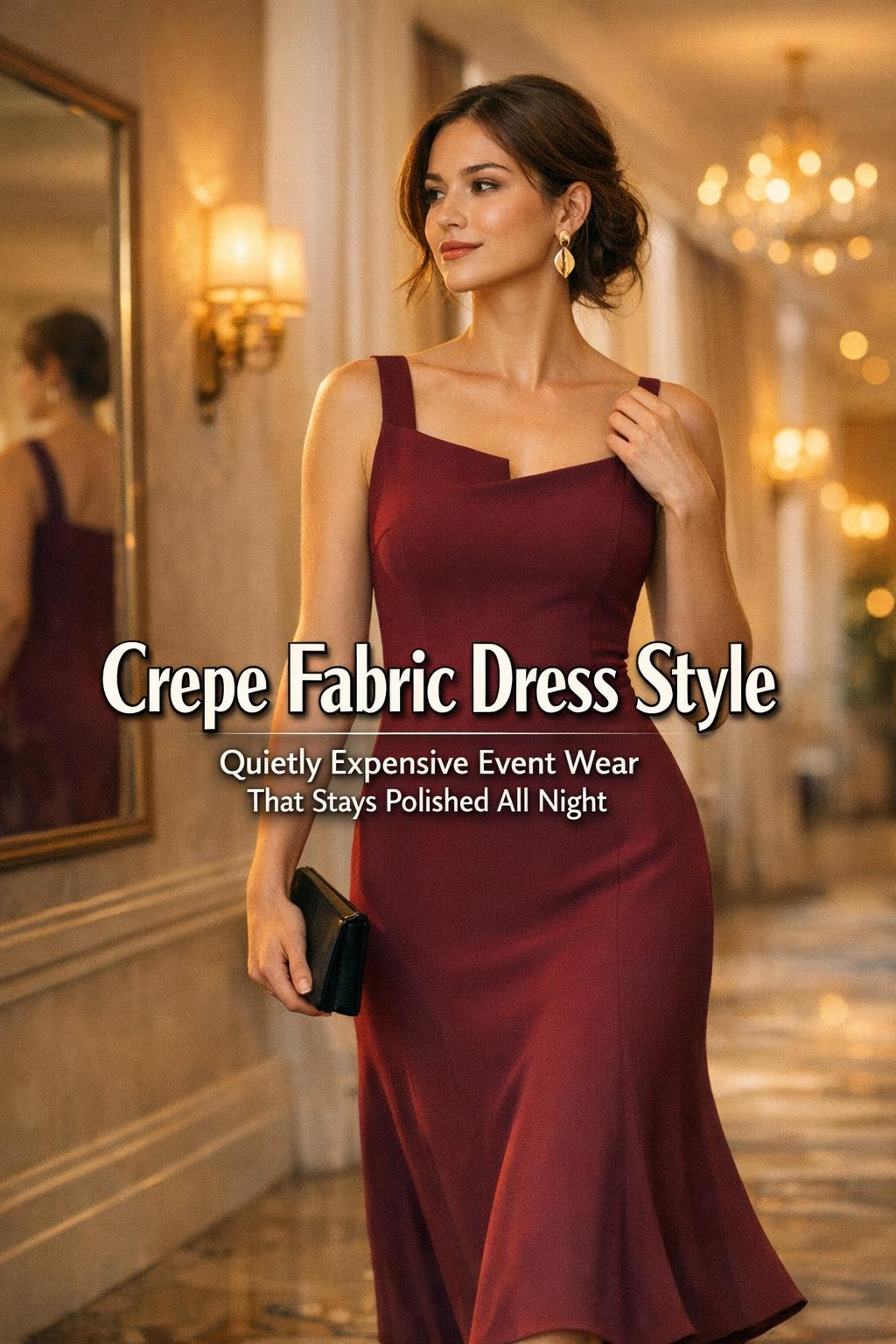 Crepe fabric dress style in a golden-hour hotel ballroom foyer, woman adjusting navy crepe dress before an event