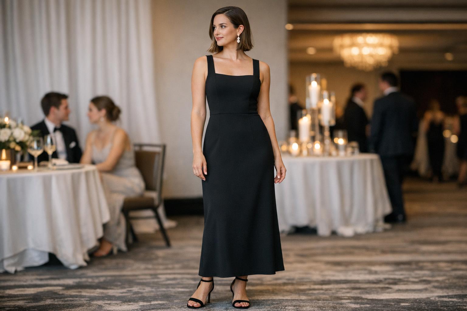 Crepe fabric dress style in matte black, sleeveless column silhouette photographed at a modern U.S. evening event