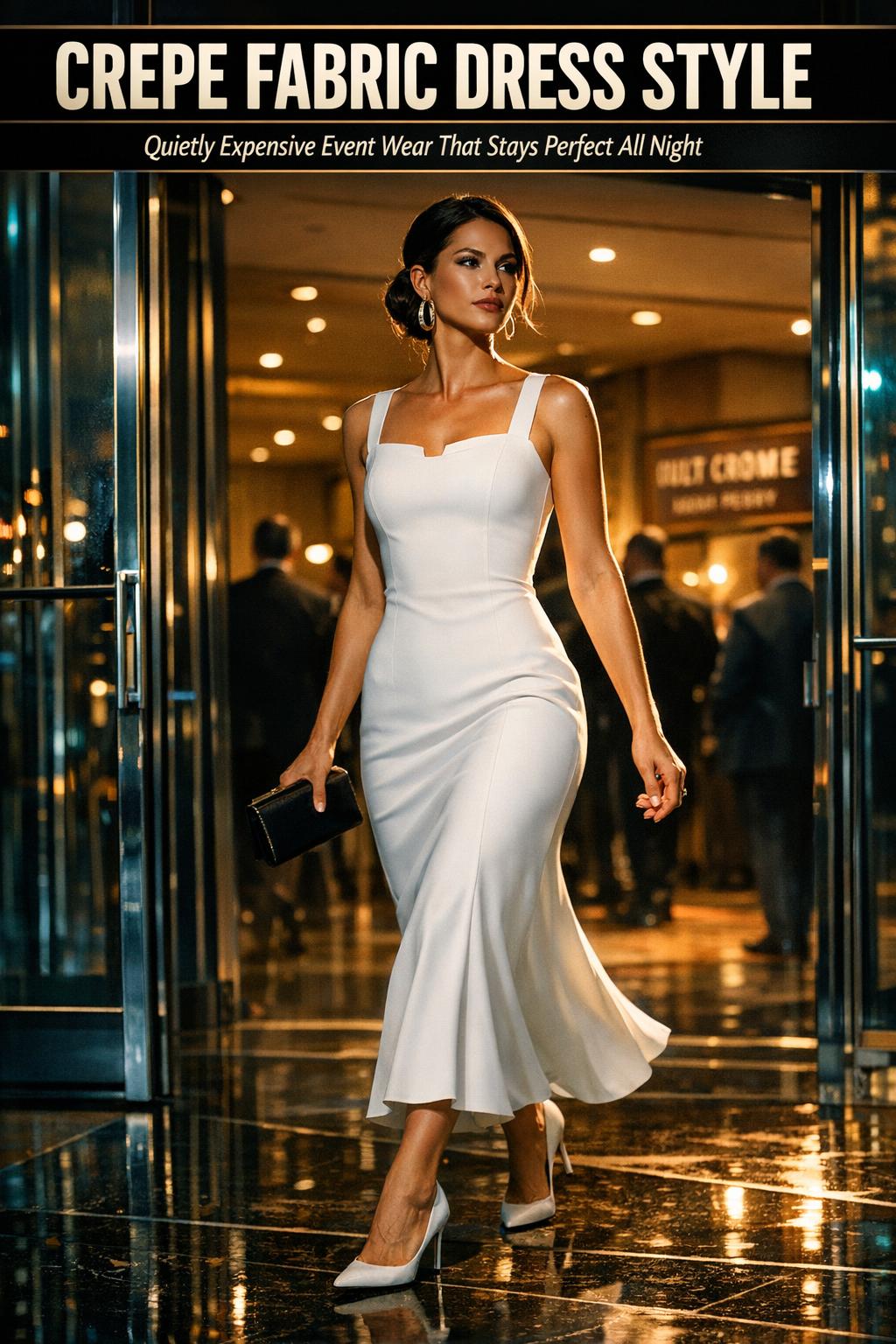 Woman in crepe fabric dress style, soft drape and elegant fit in natural light