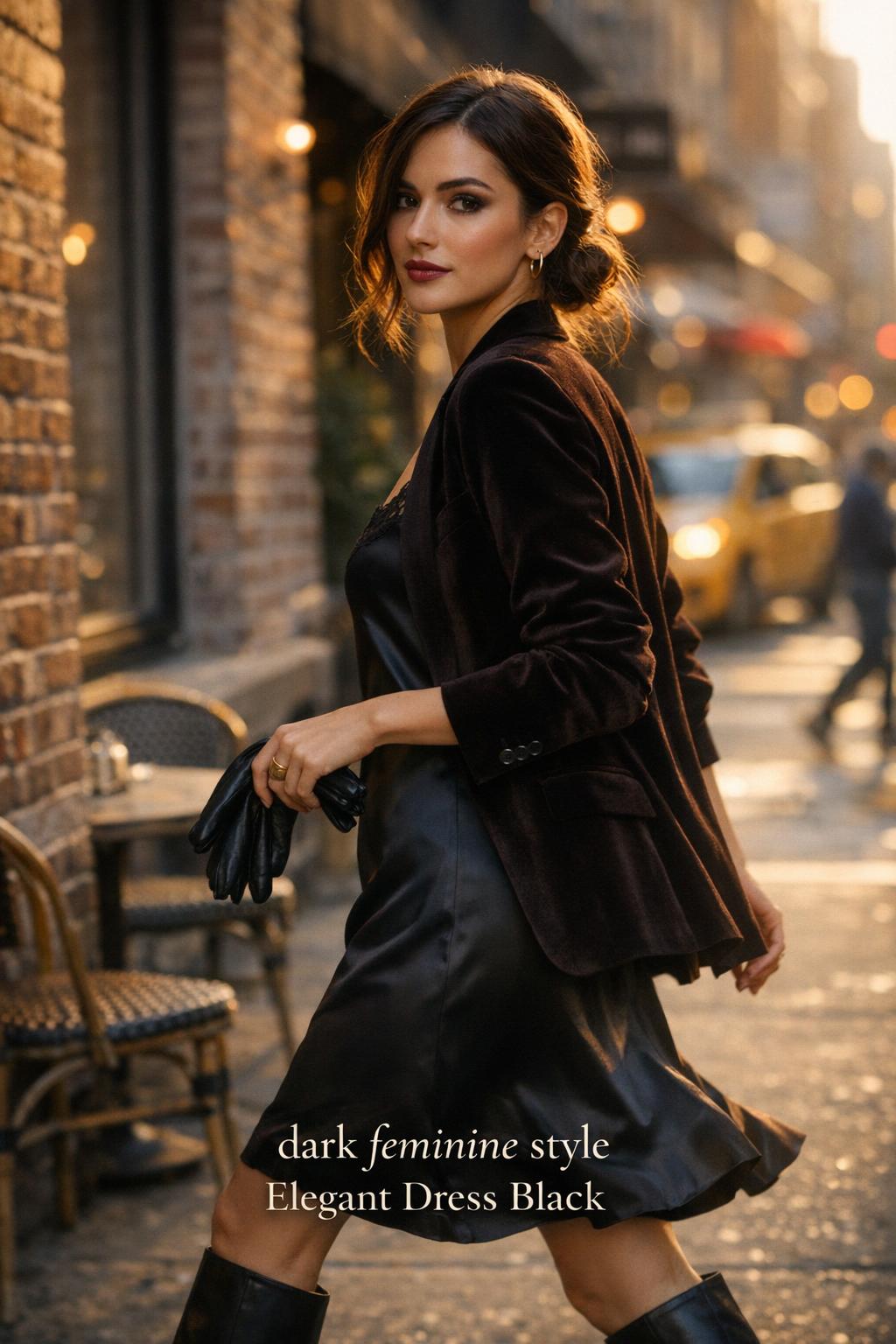 Dark feminine style woman in black satin slip dress and velvet blazer walking in golden-hour SoHo street scene