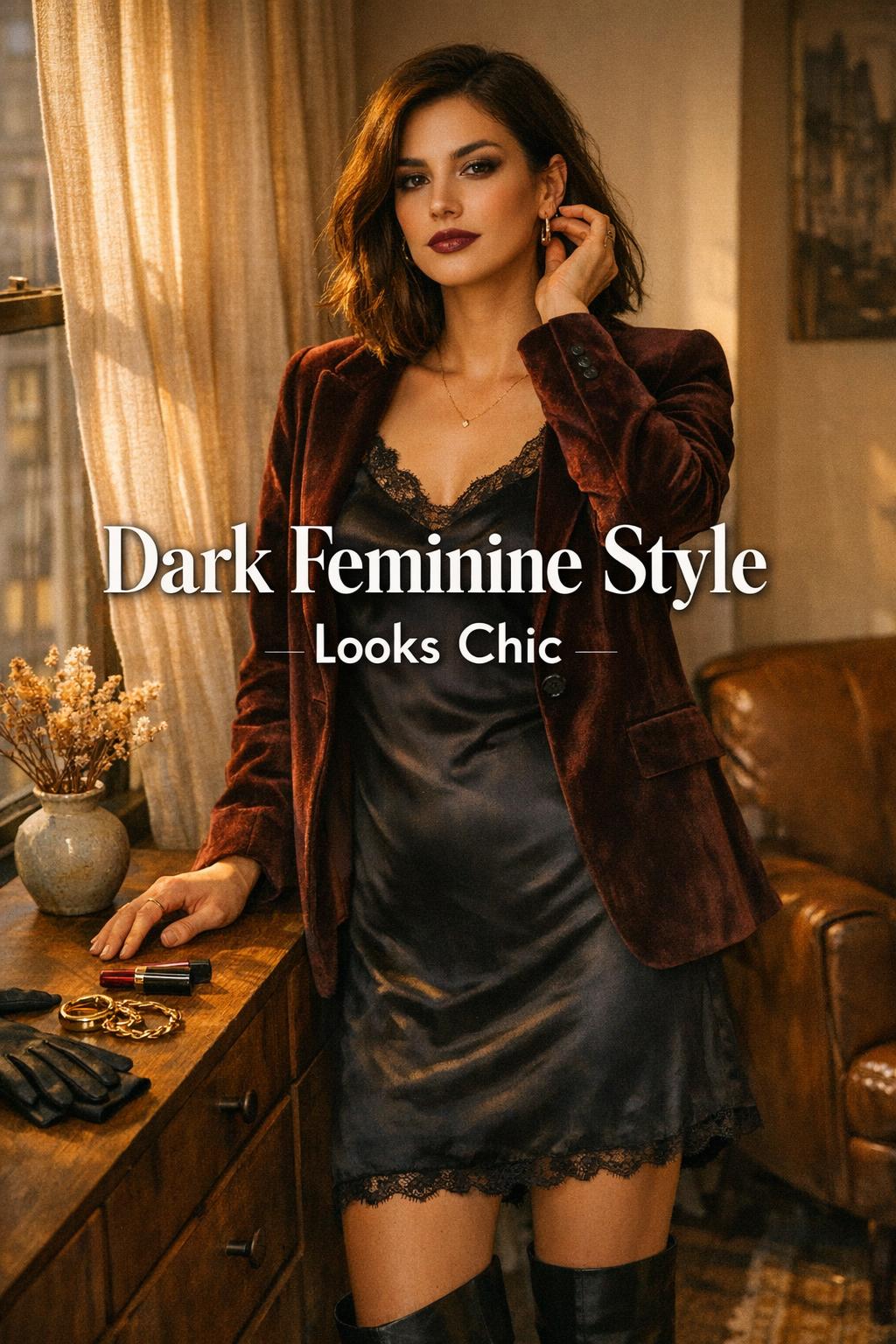 Dark feminine style outfit in golden-hour apartment, woman in satin slip dress and velvet blazer getting ready by window
