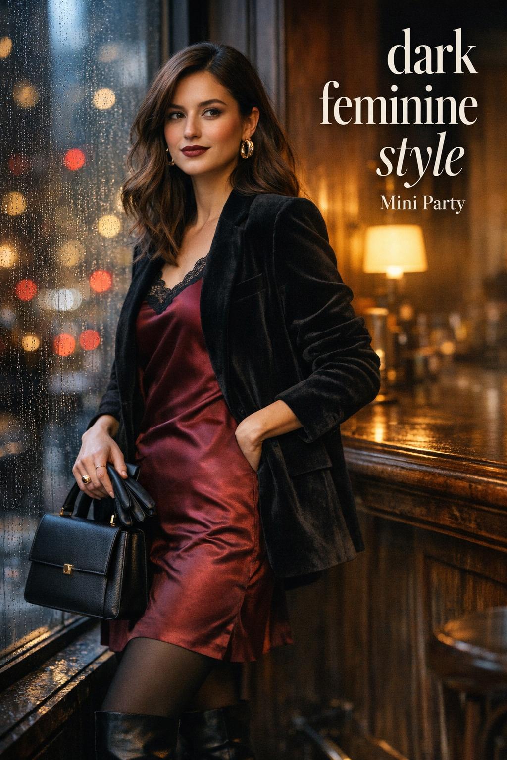 Dark feminine style woman in NYC bar at dusk, wearing burgundy satin slip dress and black velvet blazer by rainy window