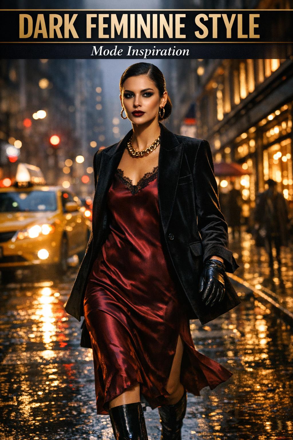 Portrait showcasing dark feminine style with dramatic lighting and bold makeup
