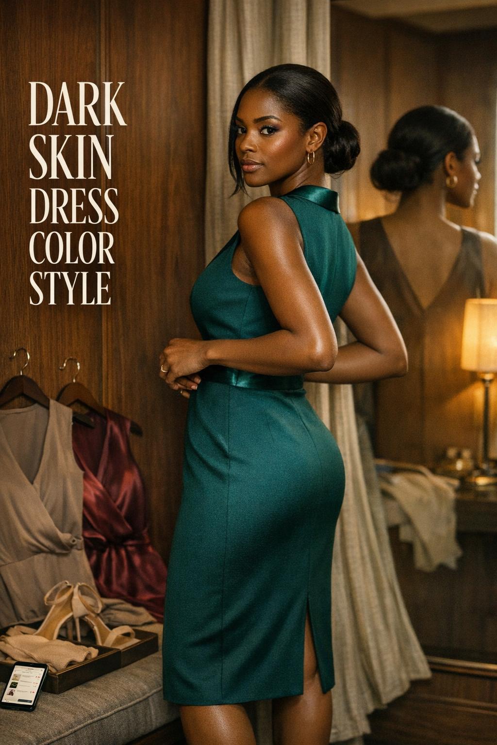 Dark skin dress color style in a moody fitting room, woman adjusting jewel-tone midi dress by mirror in warm window light