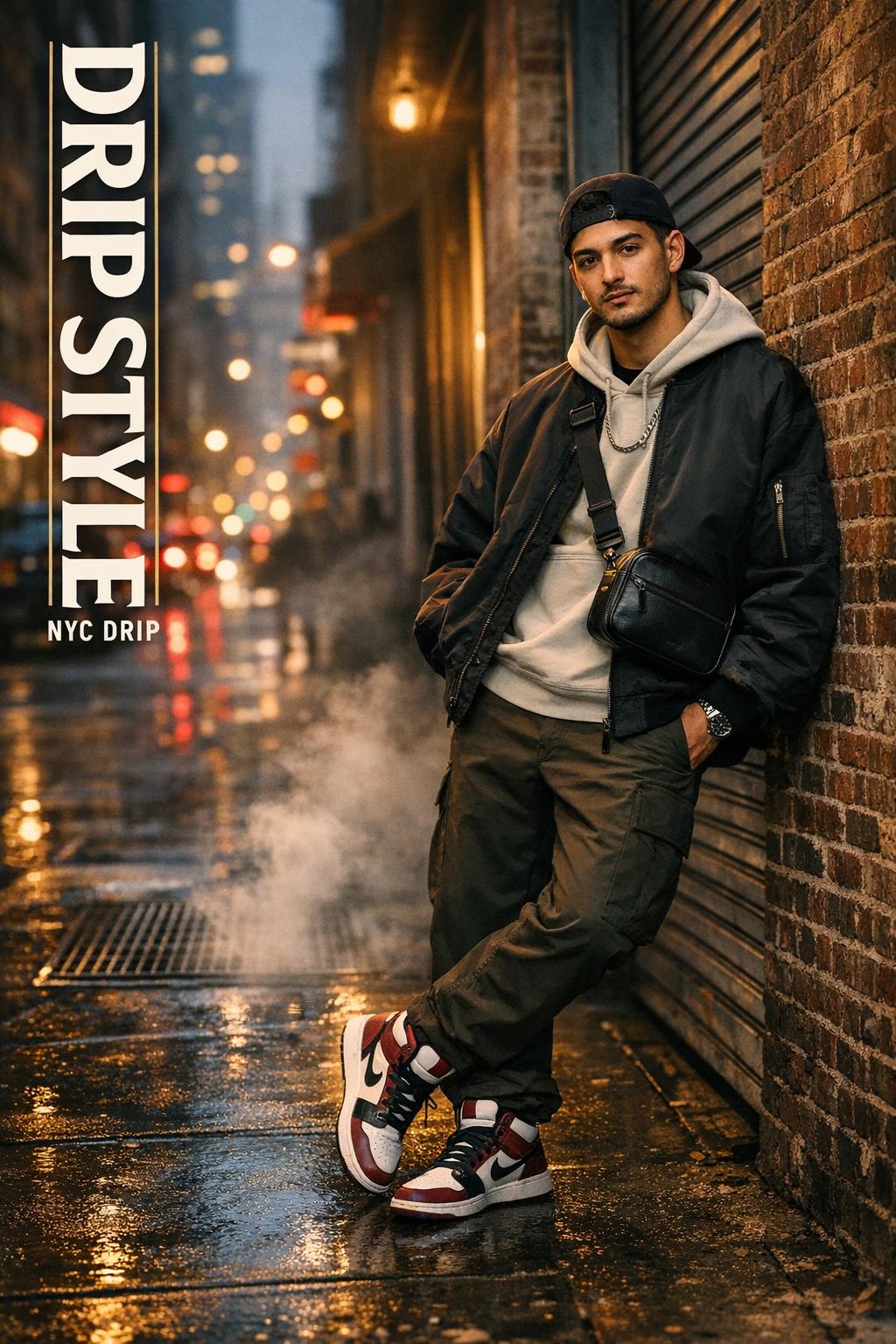 Drip style NYC streetwear portrait at dusk in SoHo with wet pavement, bomber jacket, hoodie, and cargo pants
