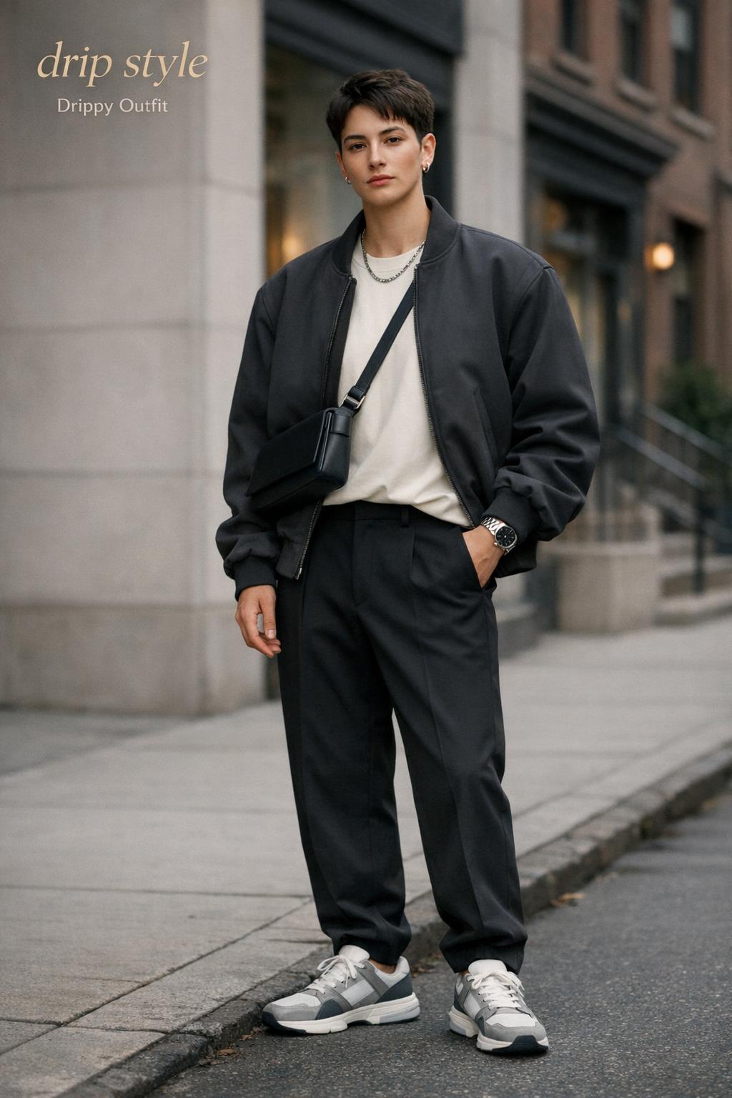 Drip style NYC streetwear look with charcoal bomber, cream tee, black trousers and premium sneakers on a city sidewalk