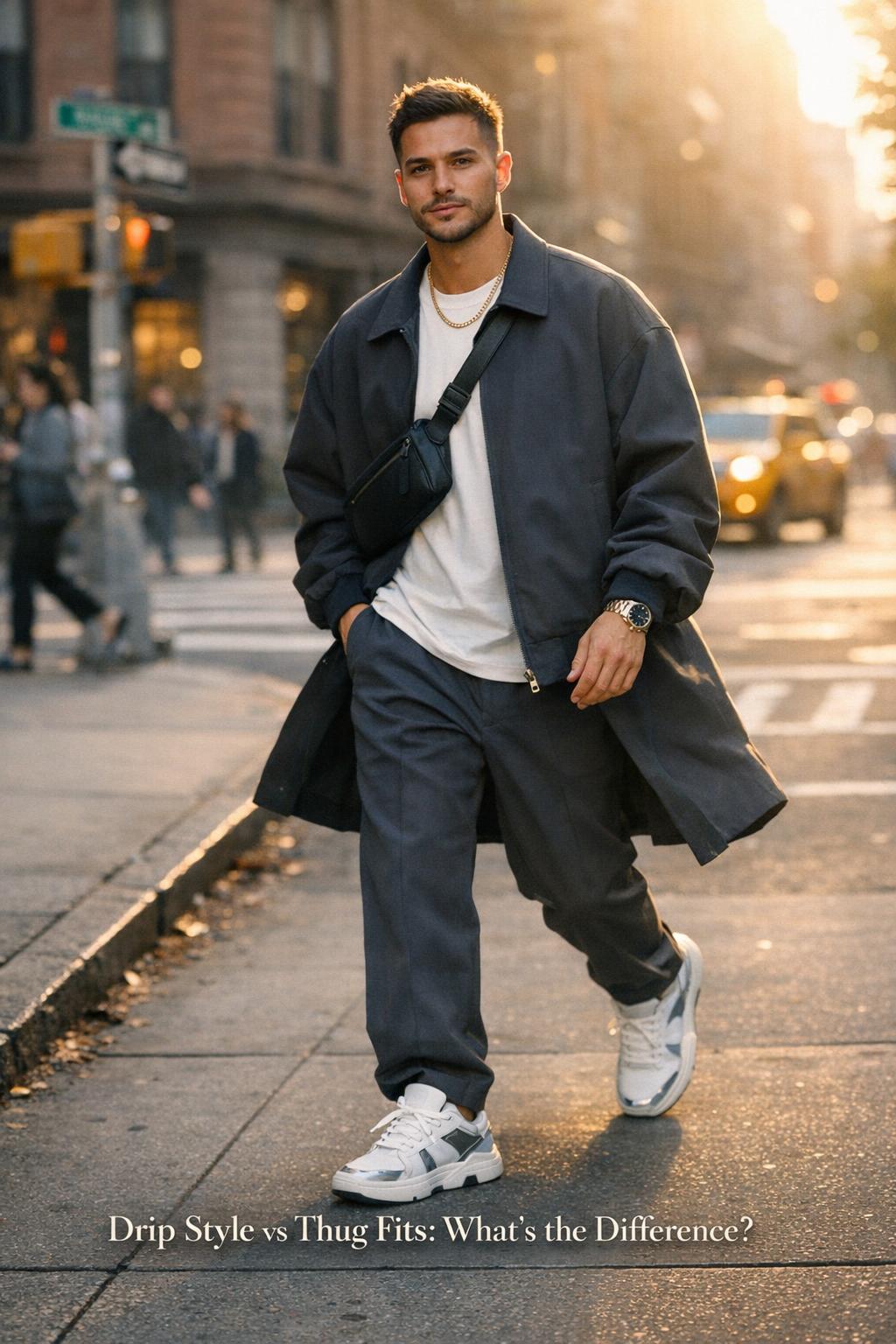 Drip style street fashion in SoHo NYC, stylish young adult walking at golden hour with navy coat and clean sneakers