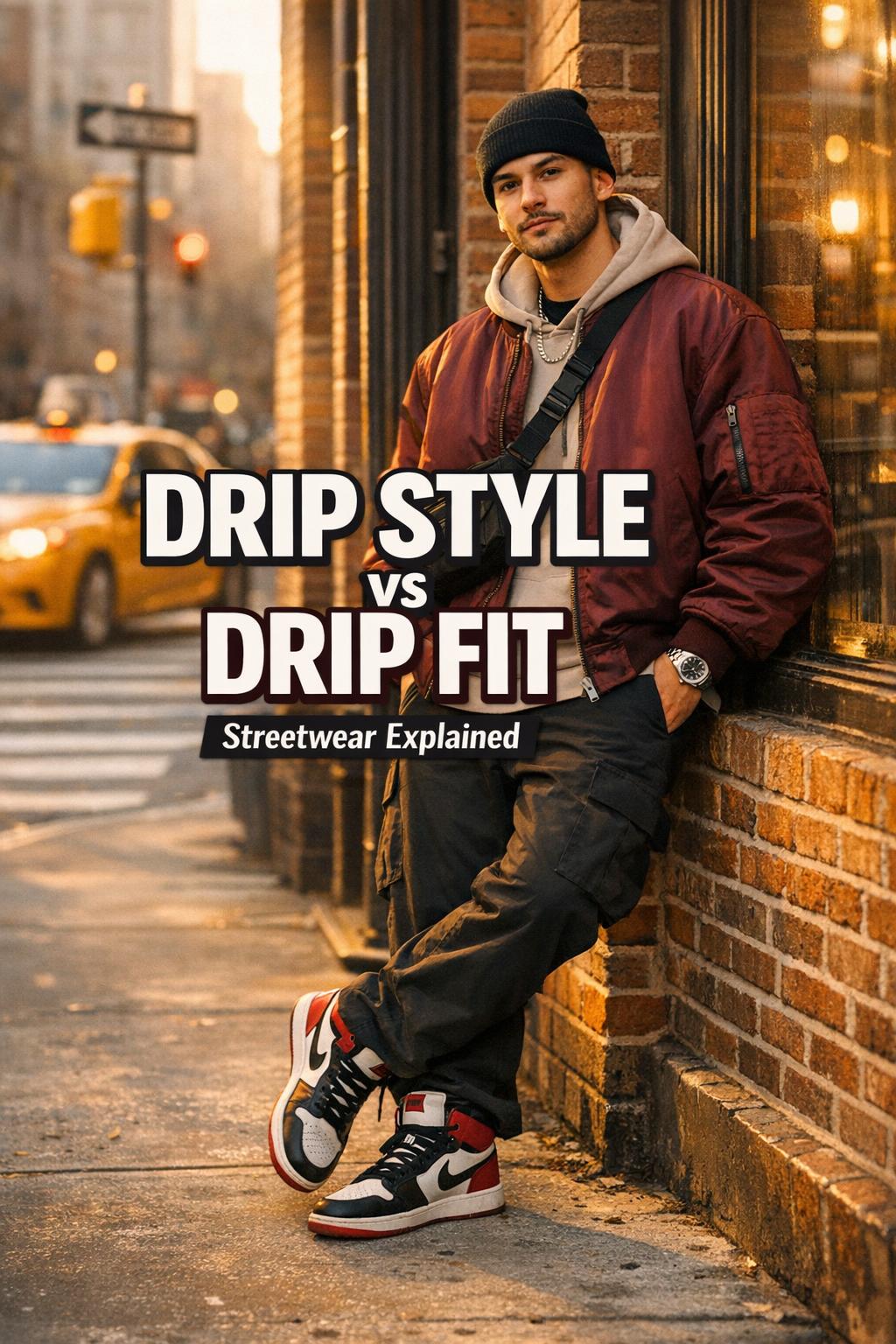 Drip style streetwear look on NYC sidewalk at golden hour, leaning by brick wall with standout sneakers and cozy bokeh