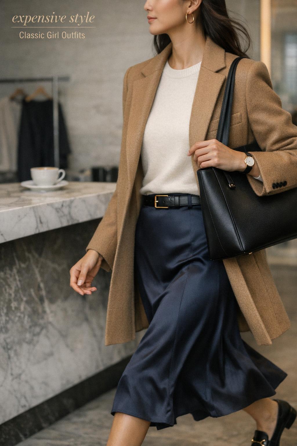 Expensive style outfit in a modern city lobby: woman in camel coat, ivory cashmere knit, navy satin skirt and loafers