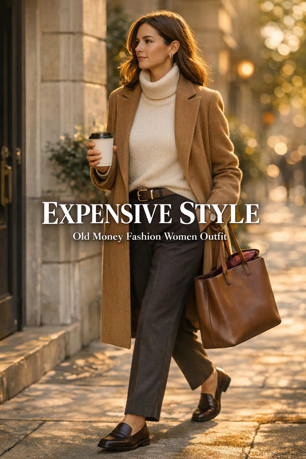 Expensive style city morning look with camel coat, cream turtleneck, leather tote and coffee outside a cafe