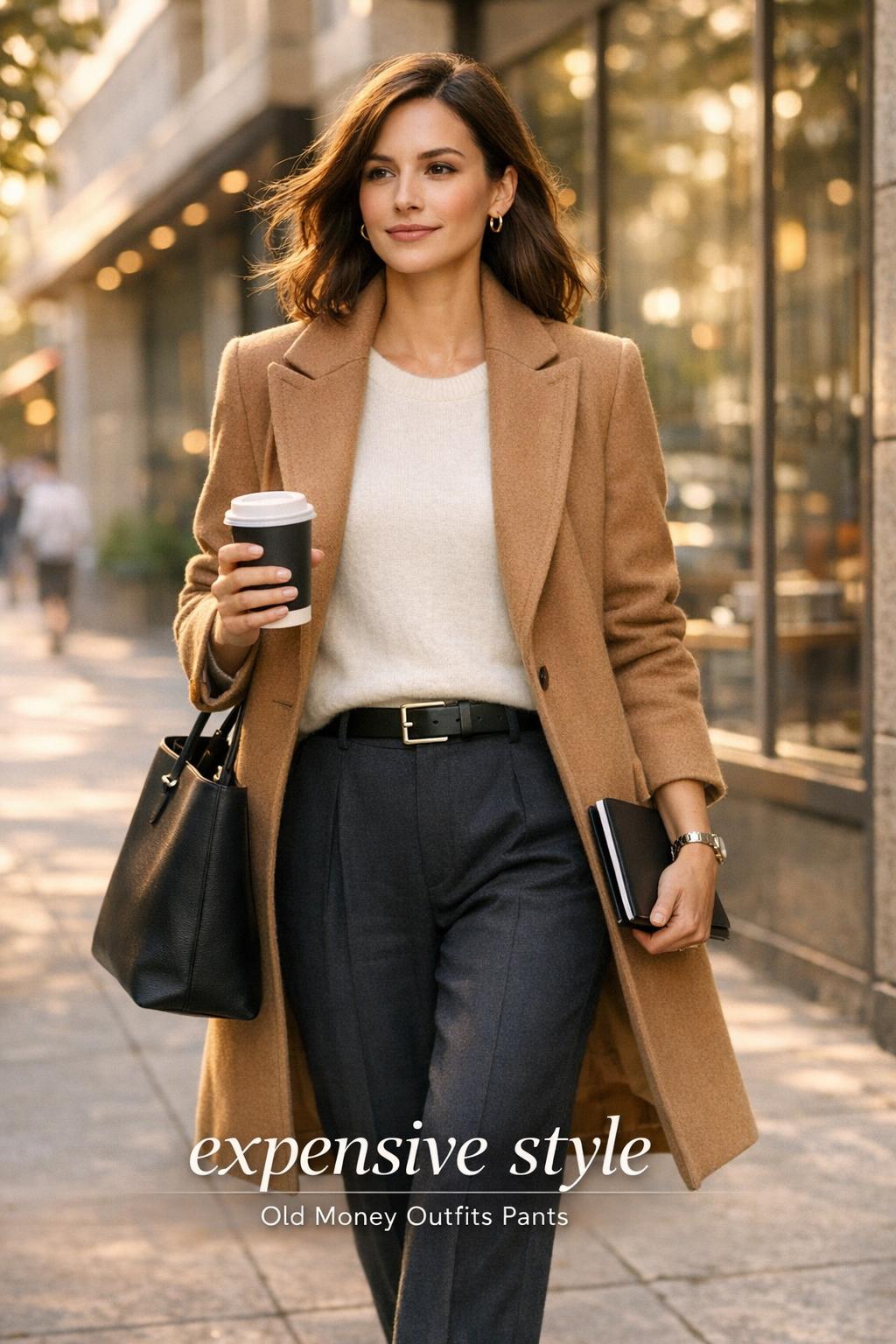expensive style woman in camel coat with coffee walking past a modern cafe in golden-hour light, old money pants look