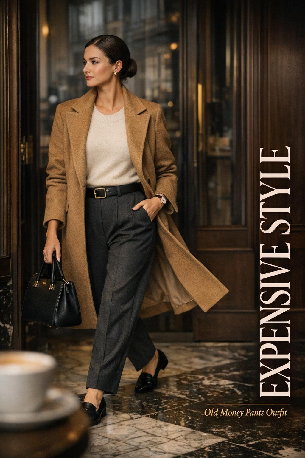Expensive style outfit on a woman in camel coat and pleated trousers walking past a marble cafe entrance in morning light