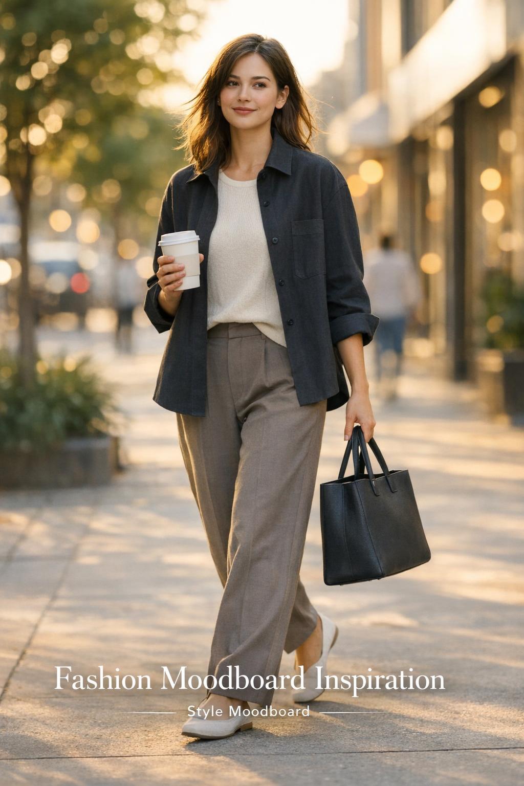Fashion moodboard inspiration featuring a stylish woman walking on a modern city sidewalk at golden hour with a tote
