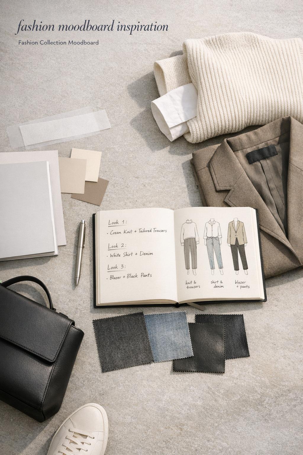 fashion moodboard inspiration flat lay with neutral wardrobe pieces, sketchbook notes, swatches, and black structured bag