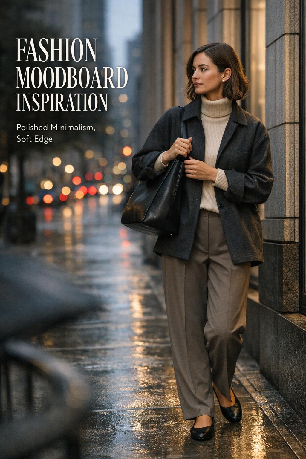 Fashion moodboard inspiration editorial photo of stylish woman in polished minimal layers on a wet downtown sidewalk at dusk