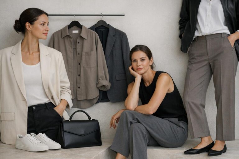 Fashion moodboard inspiration with polished minimal outfits in neutral tones, clean lines, and texture contrast for modern styling