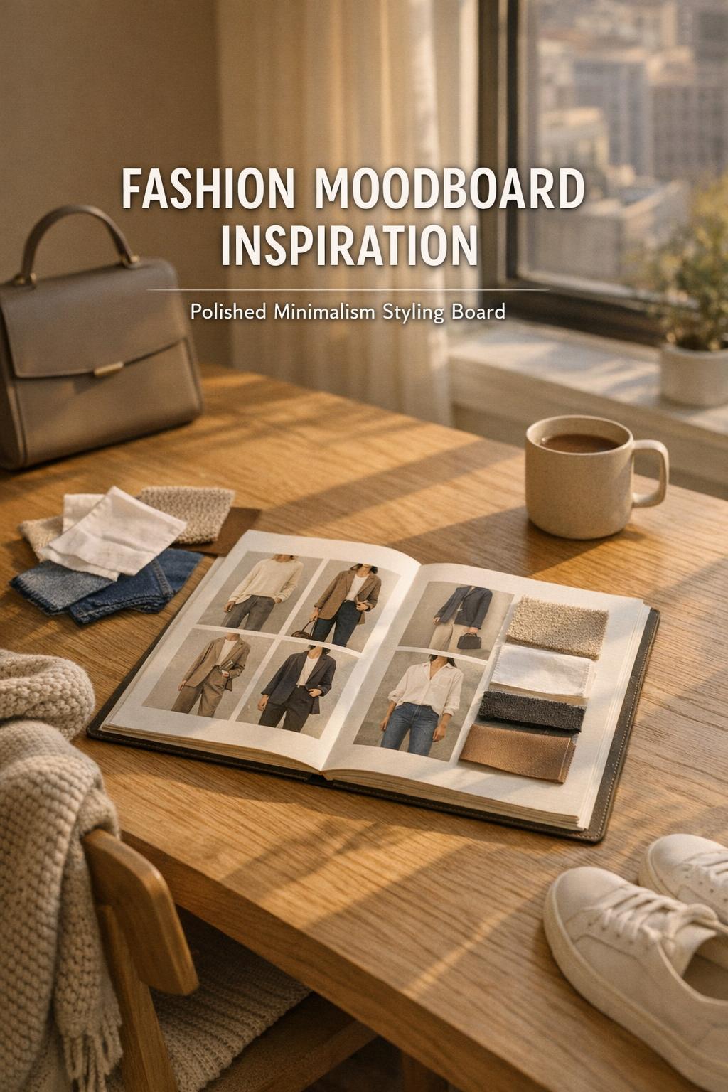 Fashion moodboard inspiration on oak desk with neutral swatches, outfit photos, tote bag, and warm city window light