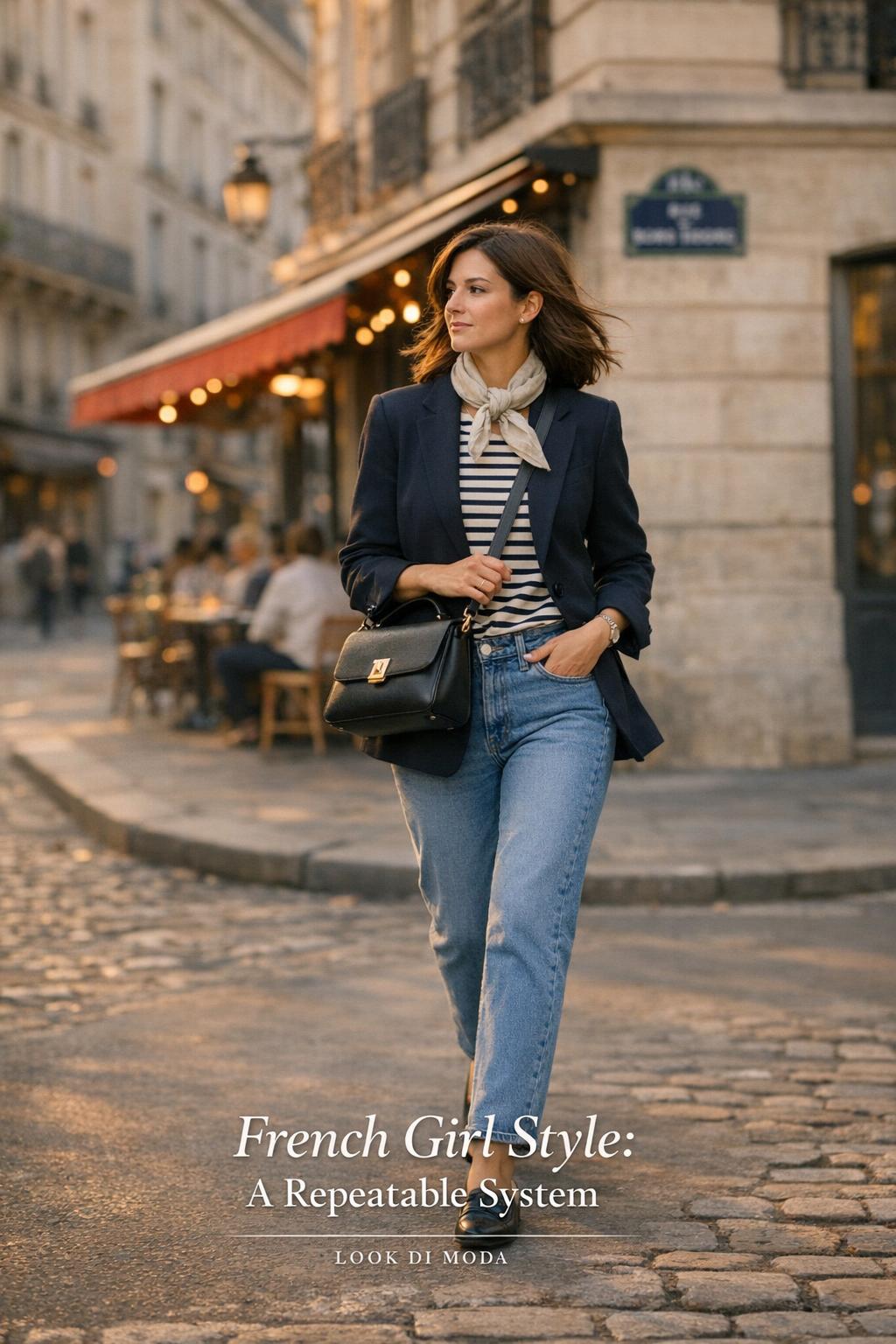 French girl style street look in Le Marais Paris, woman in Breton top and navy blazer walking at golden hour