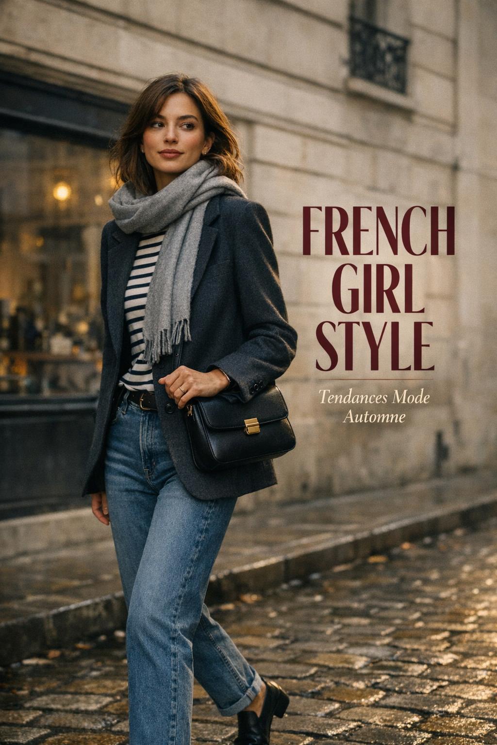 French girl style street fashion in Paris, woman in Breton top and blazer walking past Haussmann facade at golden hour