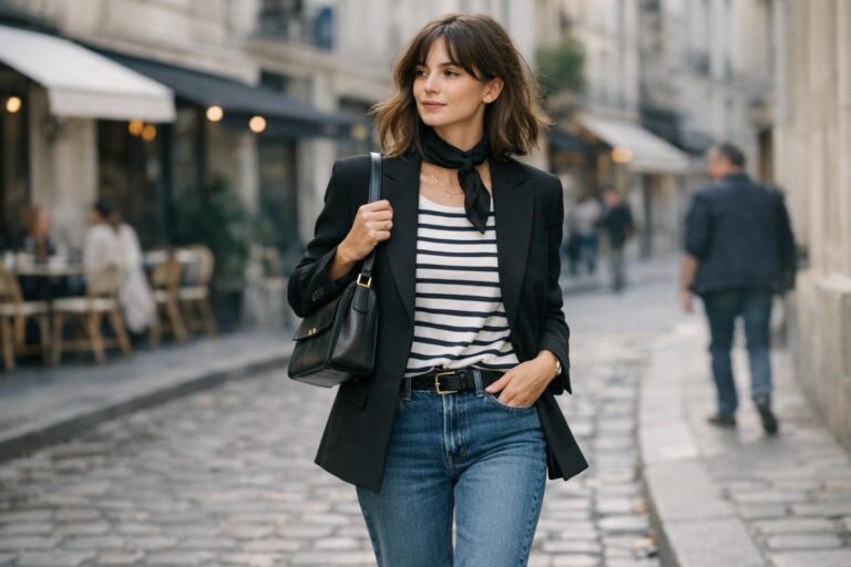 French girl style street outfit in Paris with Breton stripe top, blazer, straight-leg denim, and scarf