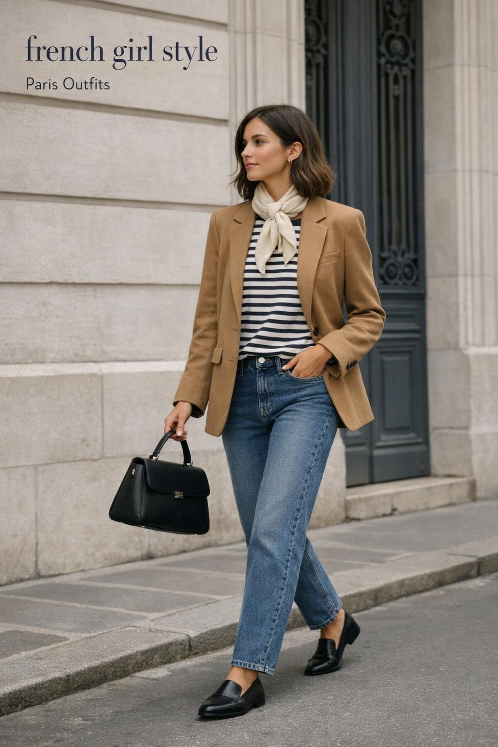 French girl style on a calm Paris street: woman in Breton stripes, blazer and jeans walking in Le Marais