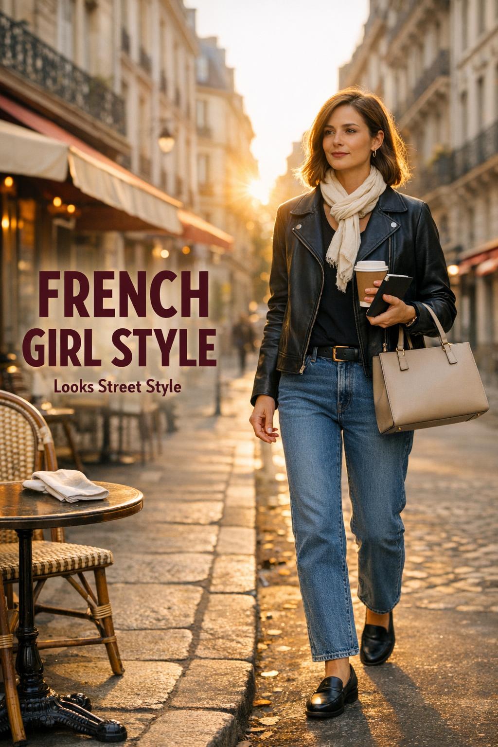French girl style street look in Paris at golden hour, woman in blazer and jeans walking with coffee near a cafe