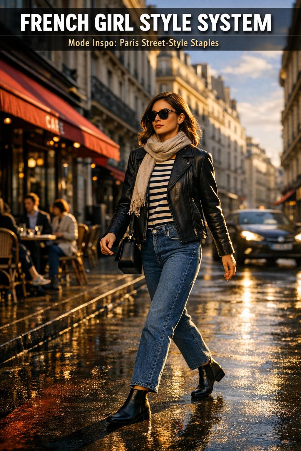 French girl style portrait of a woman in a chic Parisian outfit, natural light, effortless elegance