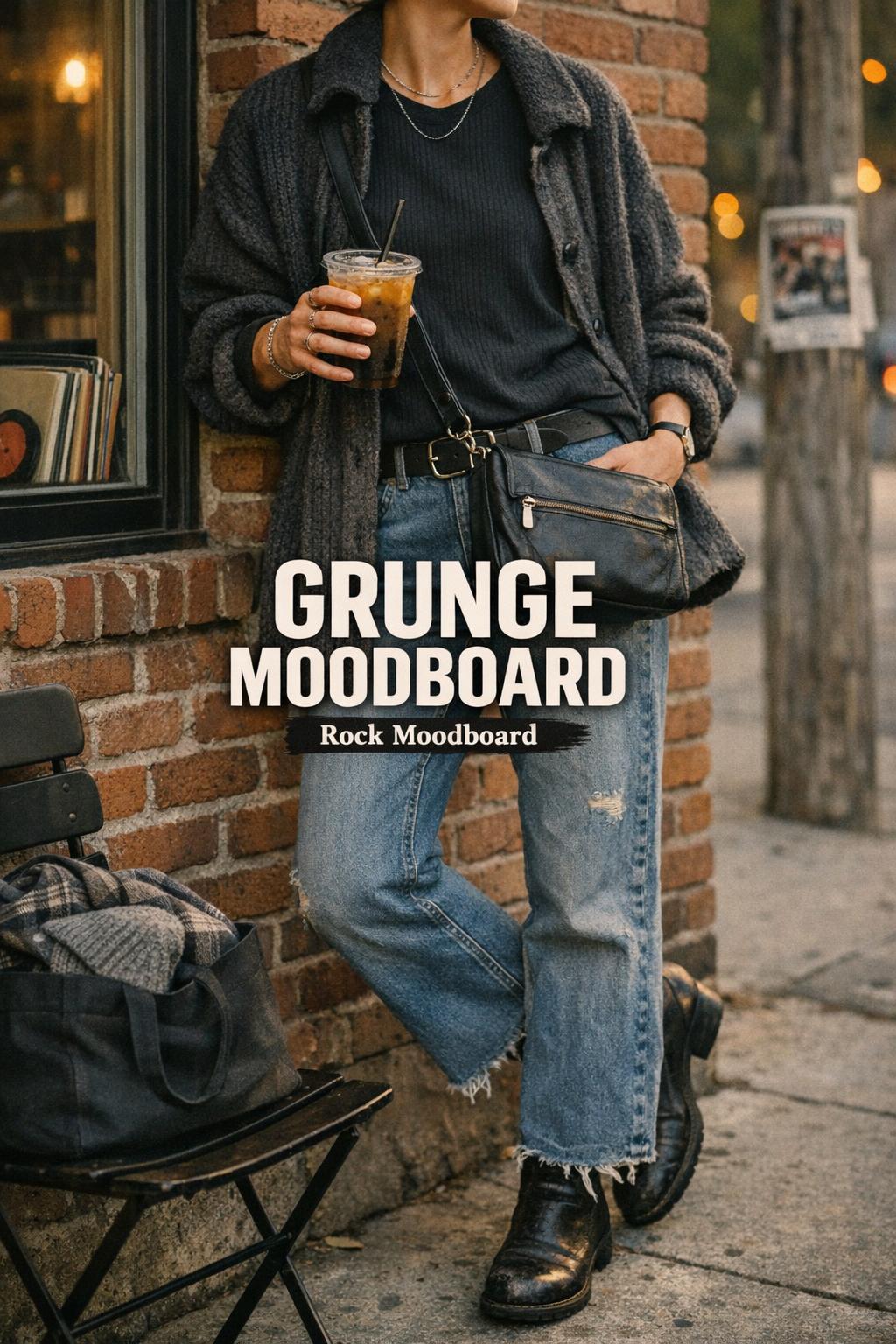 Grunge moodboard coffee-run photo on a city sidewalk at golden hour with lived-in denim, knit layers, and iced coffee