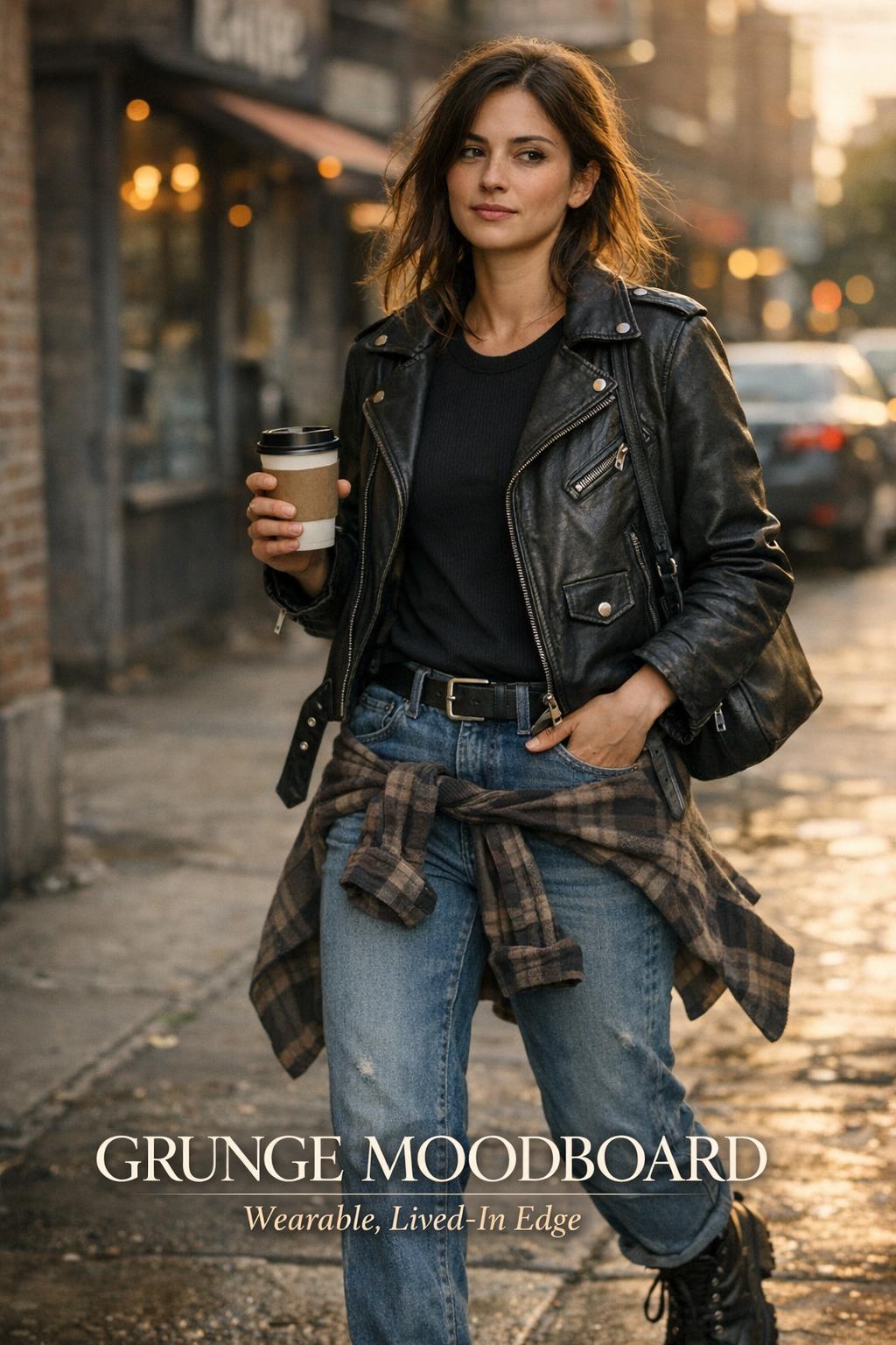 Grunge moodboard street style woman in black moto jacket and faded denim walking with coffee at golden hour