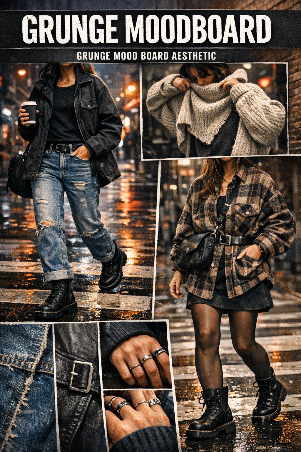 Grunge moodboard with distressed textures, torn paper, and dark vintage collage elements.
