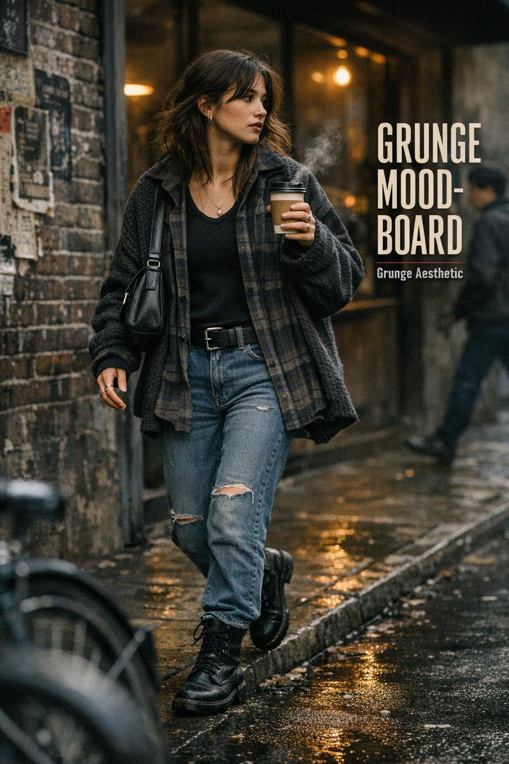 Grunge moodboard street-style photo of a model in faded denim and chunky knit outside a moody coffee shop on wet pavement