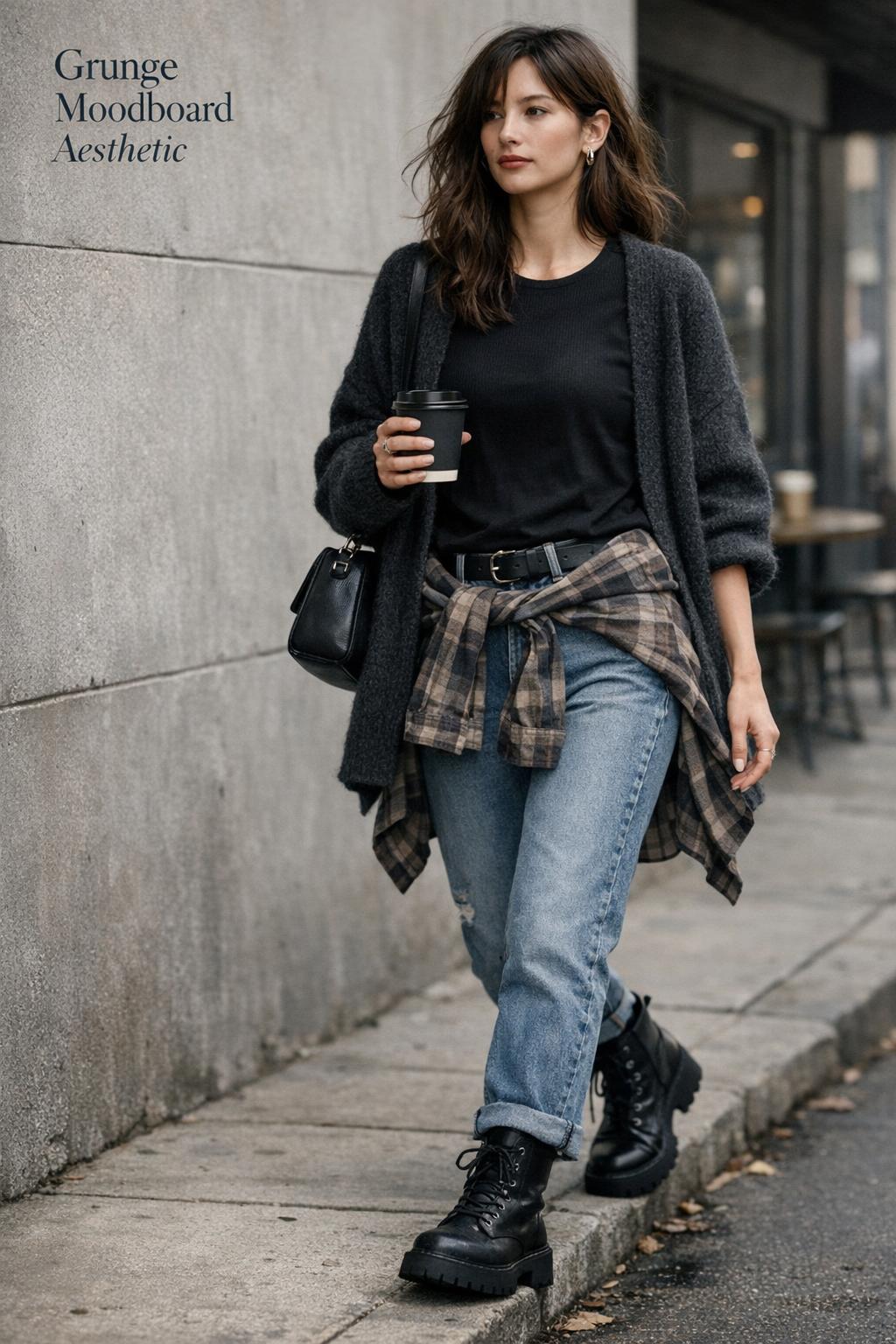 Grunge moodboard street style with faded denim, black tee and combat boots, walking past a concrete wall with coffee cup