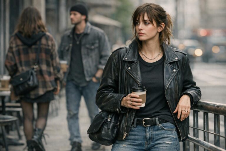 Grunge moodboard outfit with washed denim, black tee, dark jacket, and chunky boots on a city street