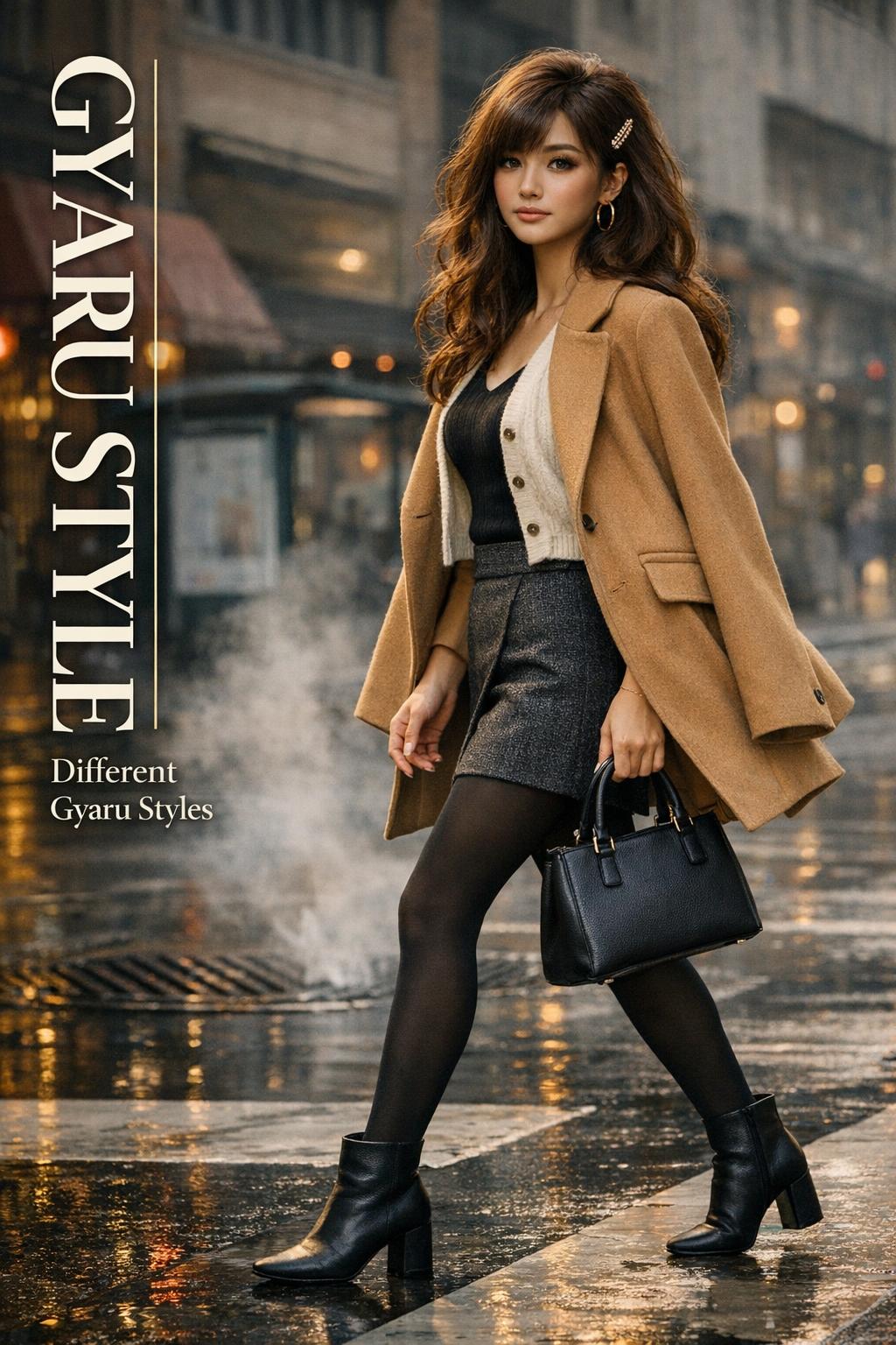Gyaru style street fashion portrait of a young woman in autumn drizzle, crossing a modern U.S. city street with text overlay