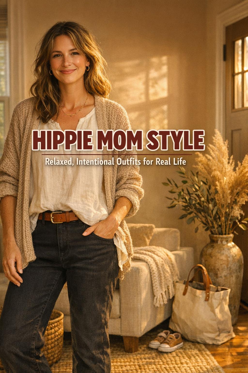 Hippie mom style outfit in a cozy golden-hour entryway, linen tunic with cardigan, dark jeans, warm neutral home decor
