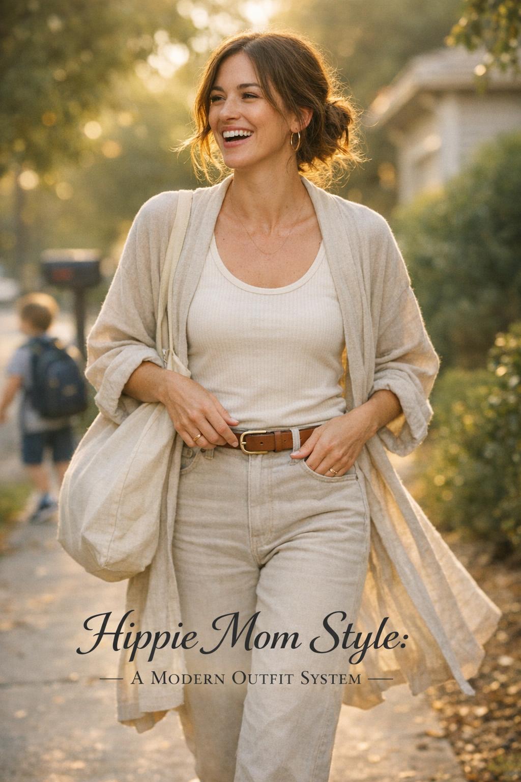 Hippie mom style outfit system at school drop-off, mom in oatmeal linen duster and jeans on a leafy suburban sidewalk