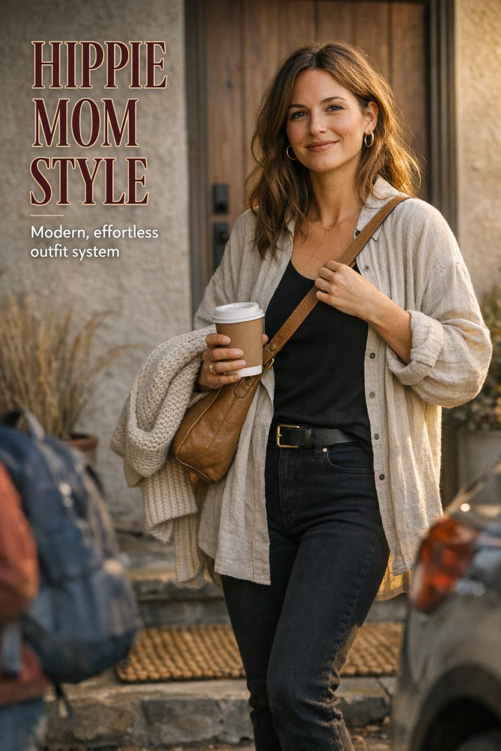 Hippie mom style outfit with oatmeal linen layer, crossbody bag and coffee during suburban school drop-off in morning light