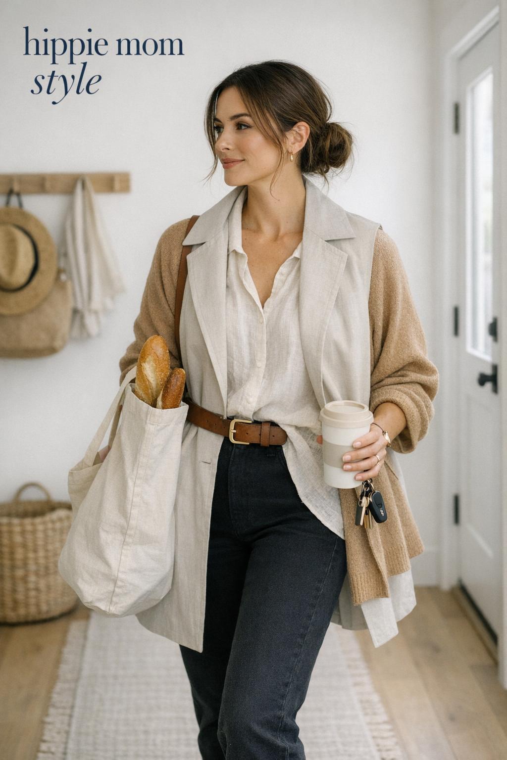 Hippie mom style outfit in a bright entryway, featuring linen tunic, caramel cardigan, trench, and dark denim.