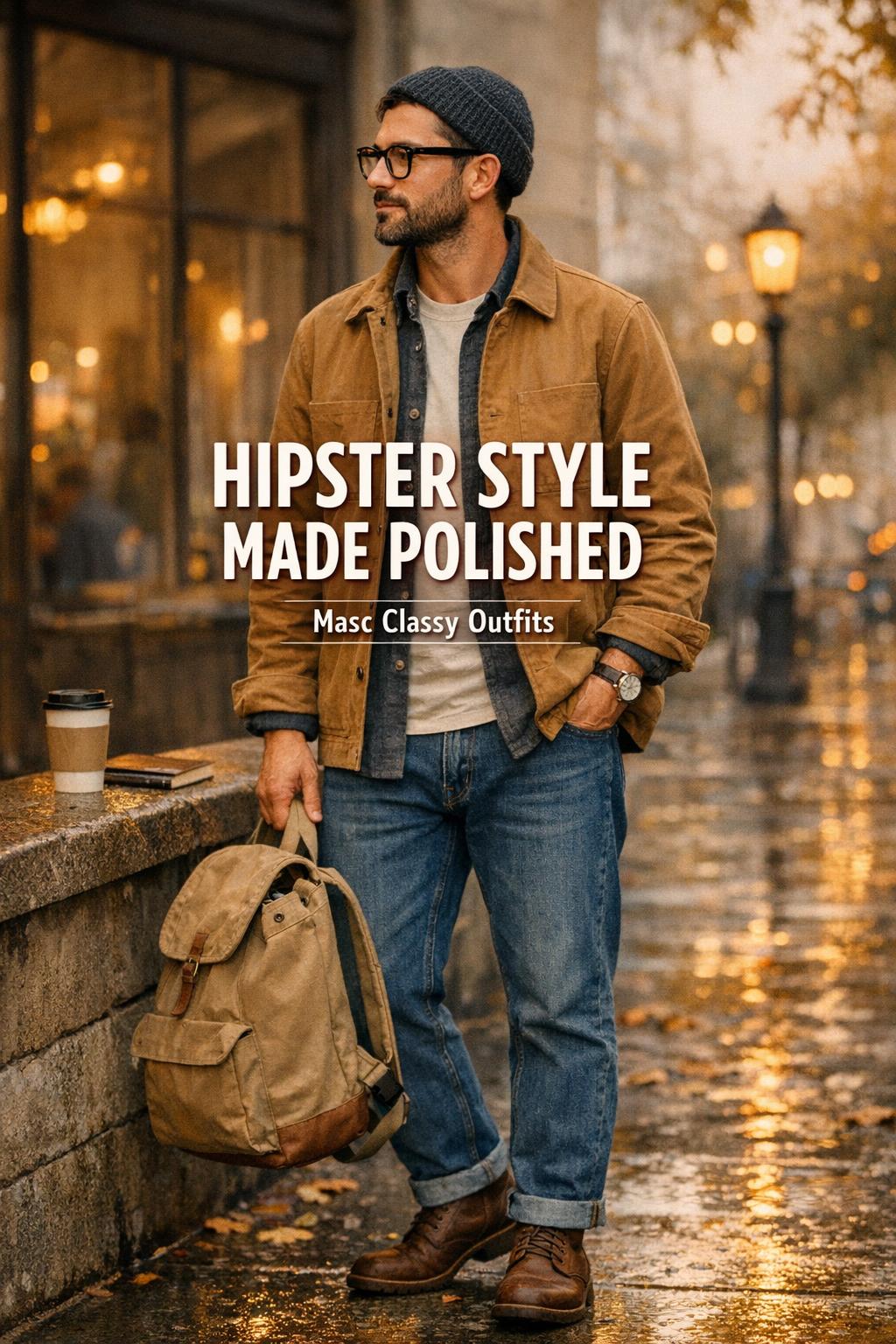 Hipster style outfit outside a rainy-day cafe at golden hour, adult in chore coat, denim, beanie and tote with text overlay