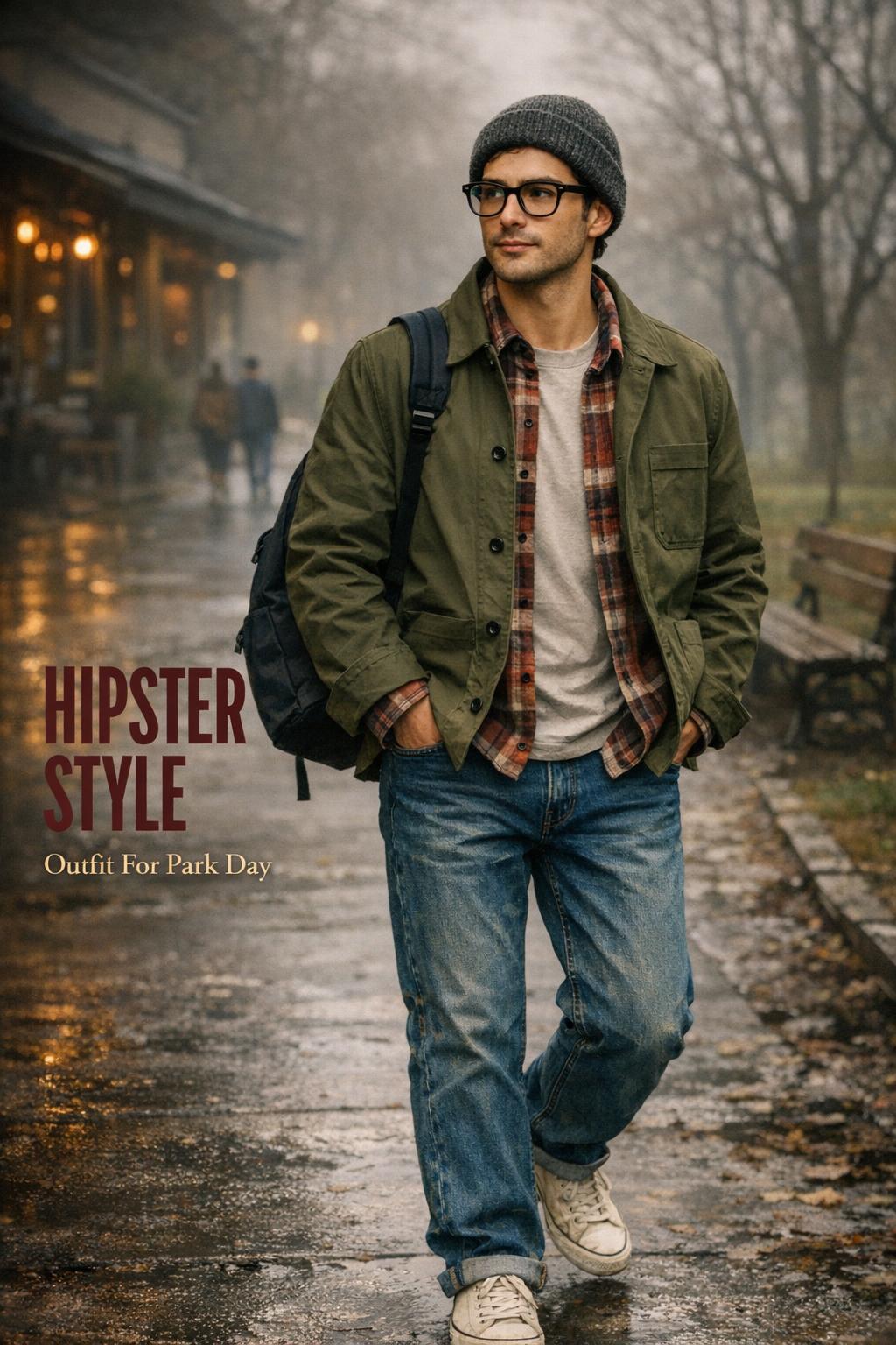 Hipster style outfit for park day: denim, flannel and olive chore coat with beanie, tote, and boots on a misty city path