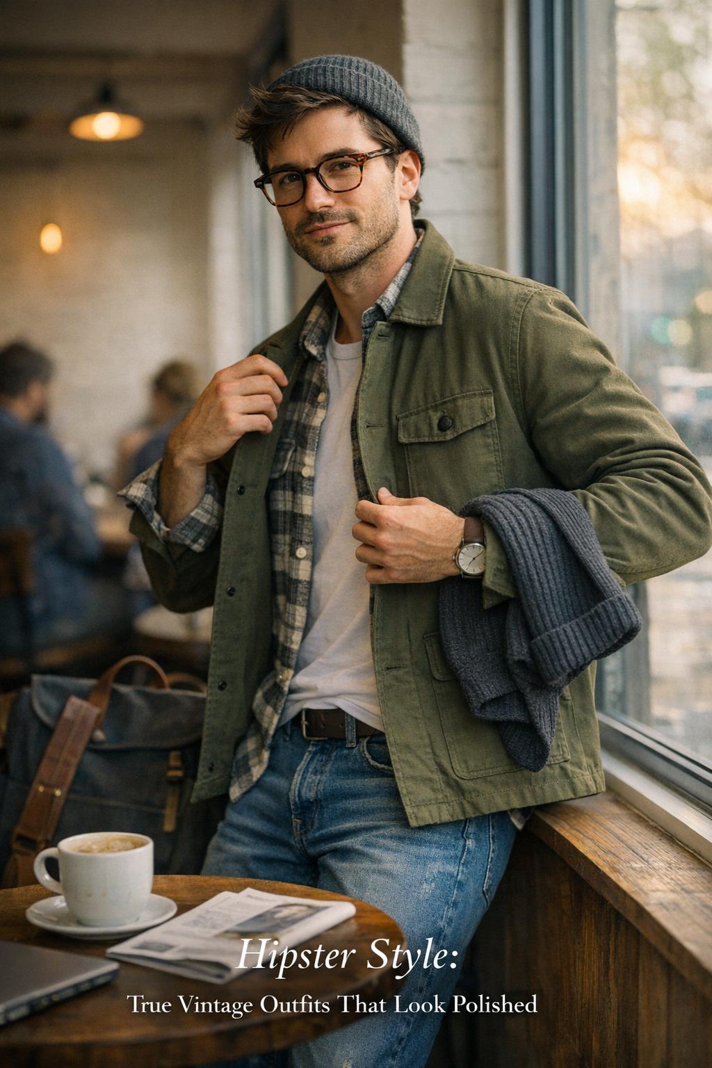 Hipster style in a bright city café as a stylish adult adjusts a structured jacket by the window in golden-hour light