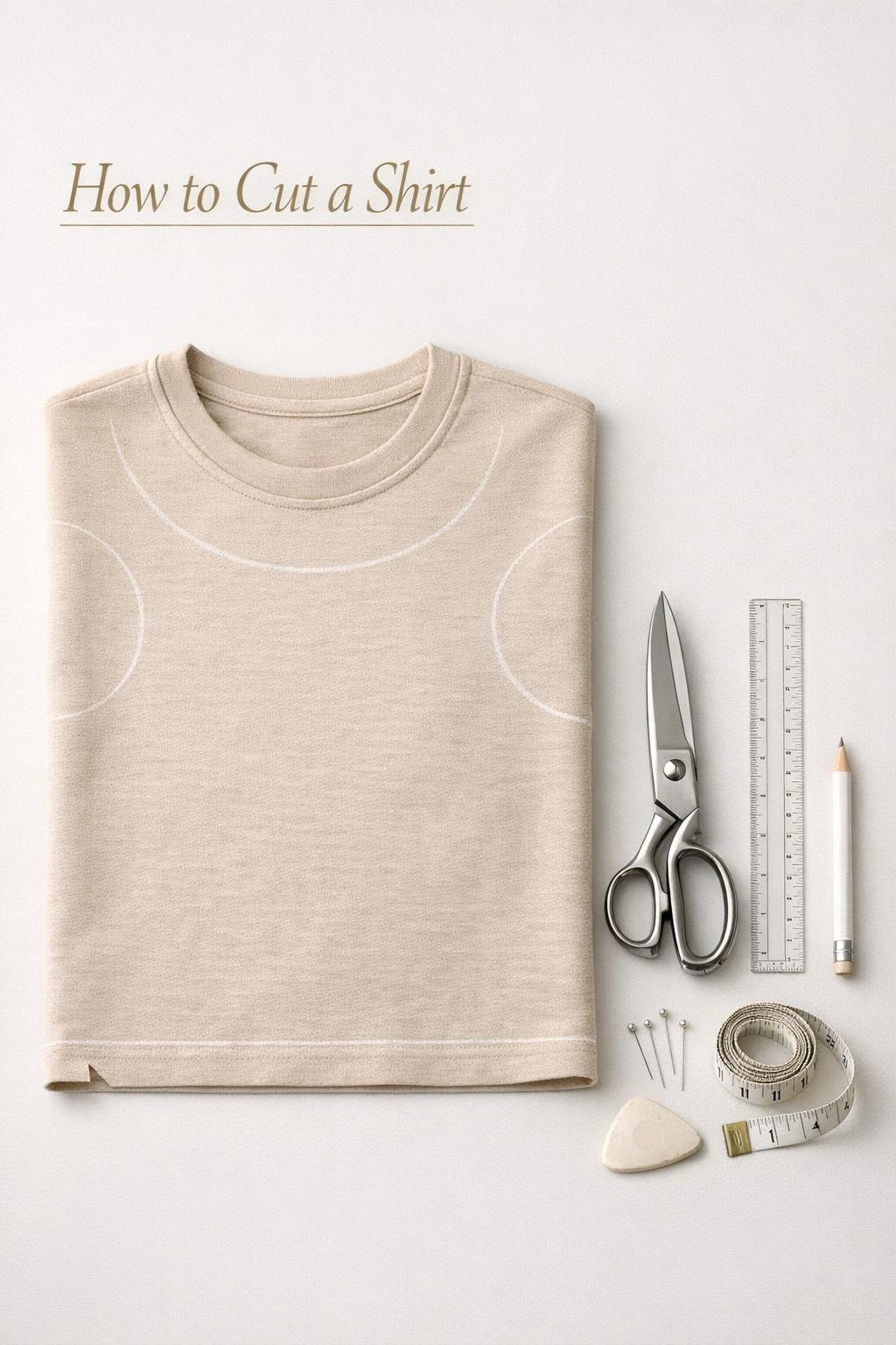 How to cut a shirt flat lay with folded beige tee, chalk guidelines, scissors, ruler, and pins on a clean white table