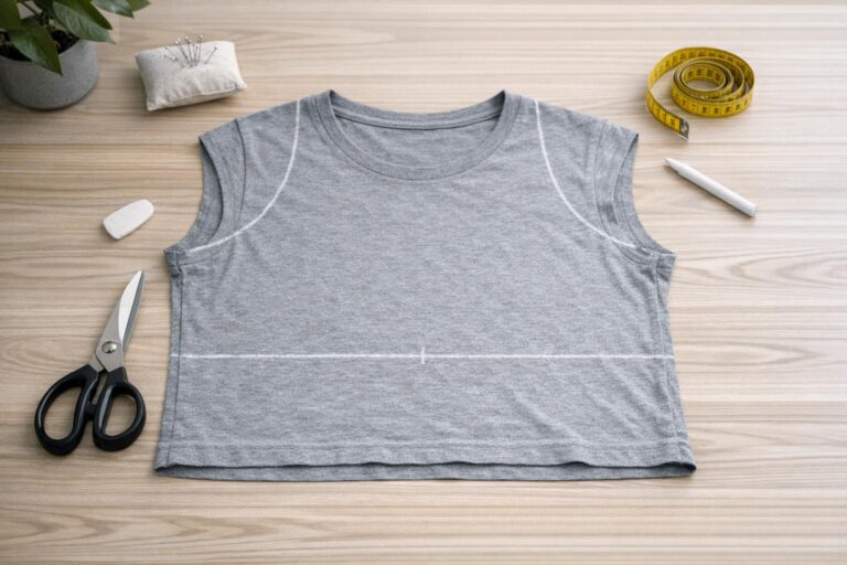 How to cut a shirt neatly with fabric scissors and marked lines on a flat work surface