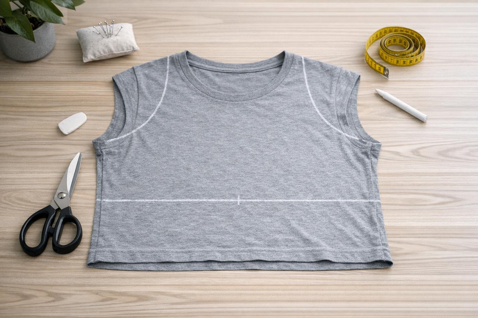 How to cut a shirt neatly with fabric scissors and marked lines on a flat work surface