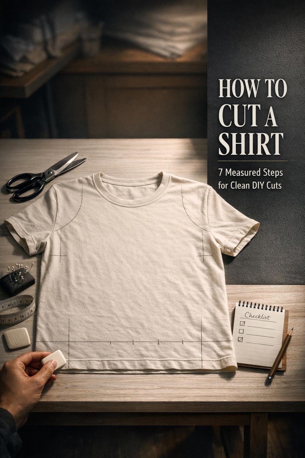 How to cut a shirt tutorial cover with marked T-shirt, scissors, ruler and chalk on a minimal sewing table